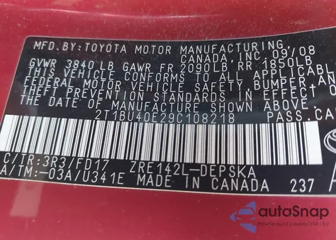 2009 Toyota Corolla S z USA, uszkodzony, nr VIN 2T1BU40E29C108218